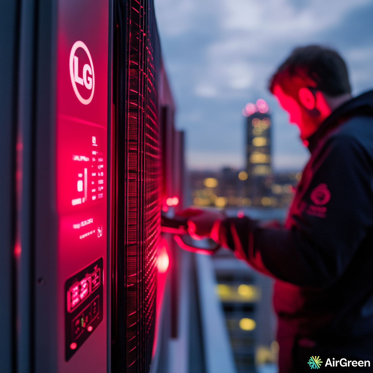Technician servicing LG HVAC unit during evening hours with cityscape in background showcasing advanced technology.