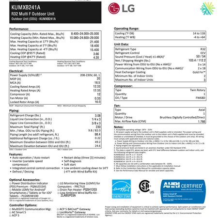 R32 Multi F Outdoor Unit KUMX8214A specifications sheet by LG with performance details and certifications.