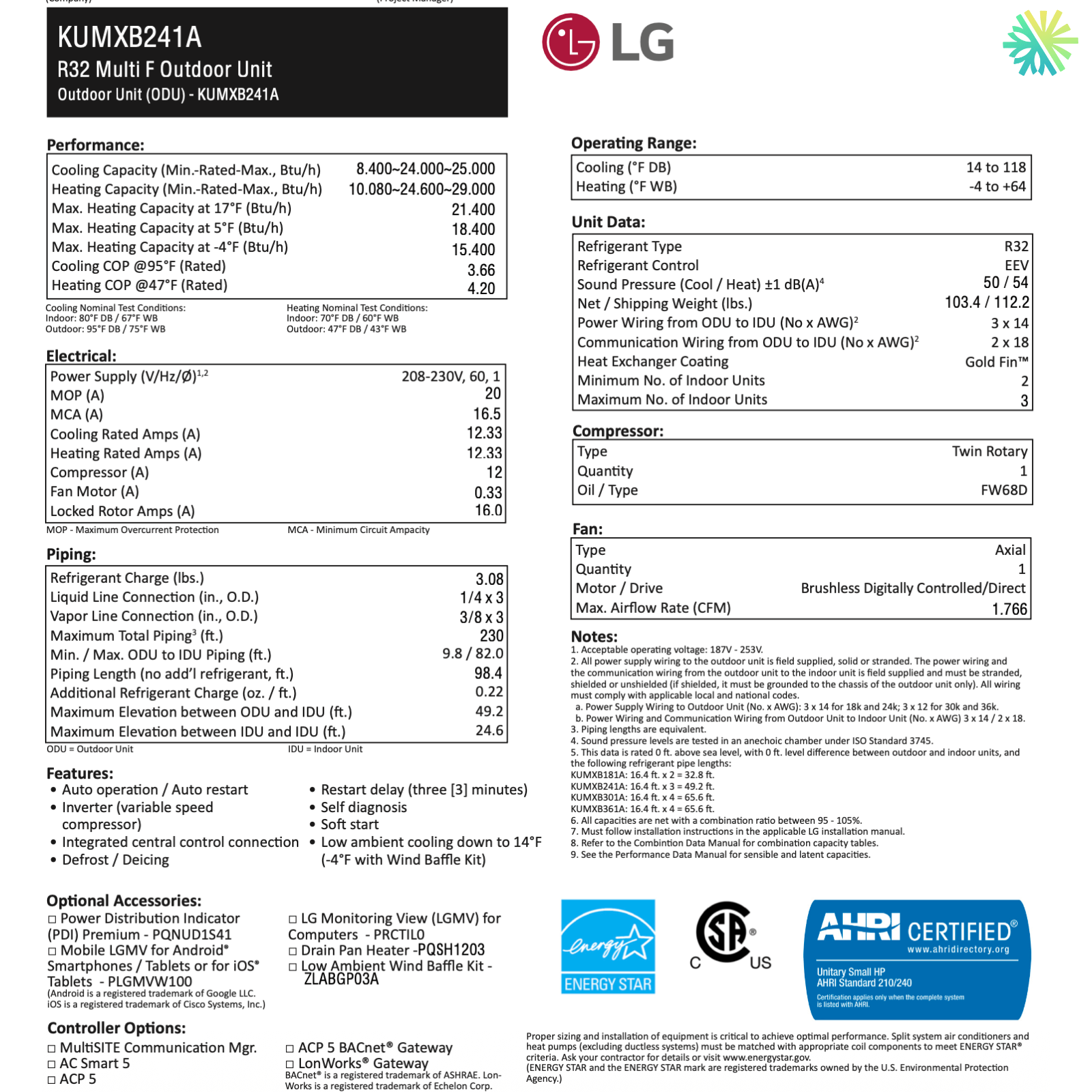 Details of LG KUMXB241A R32 Multi F Outdoor Unit specifications and certifications.