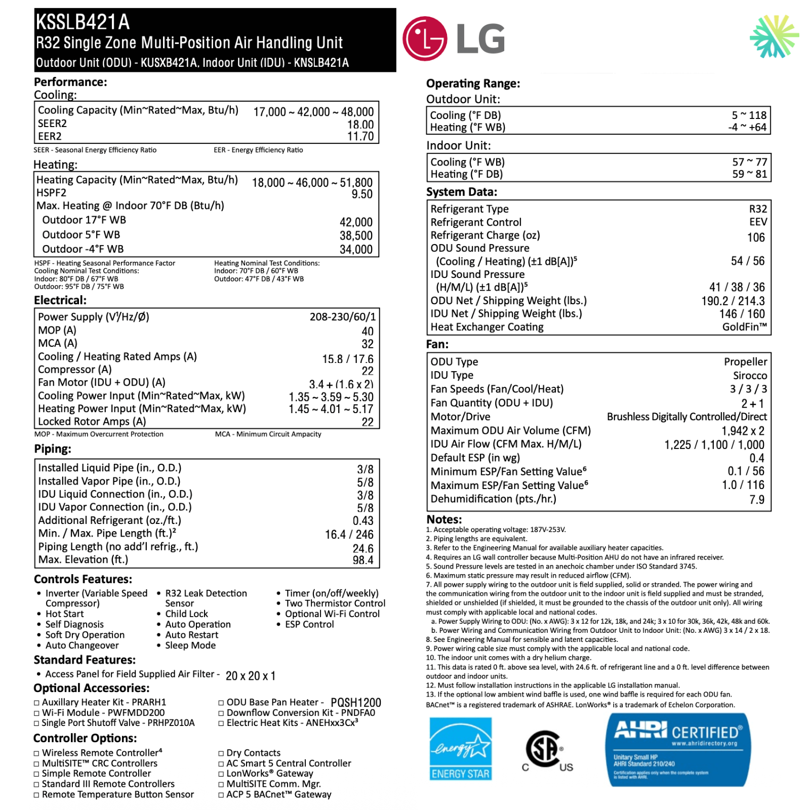 Specifications sheet for Thermopompe Centrale LG R32 | 3.5 Tonnes - 42 000 BTU, including performance, electrical details, and certifications.