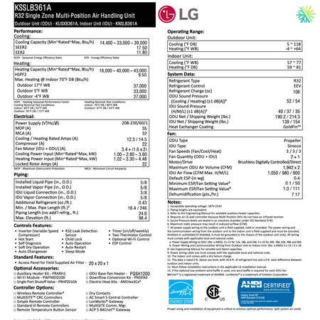 Specifications sheet for the Thermopompe Centrale LG R32 | 3 Tonnes - 36 000 BTU depicting technical performance details and certification logos.