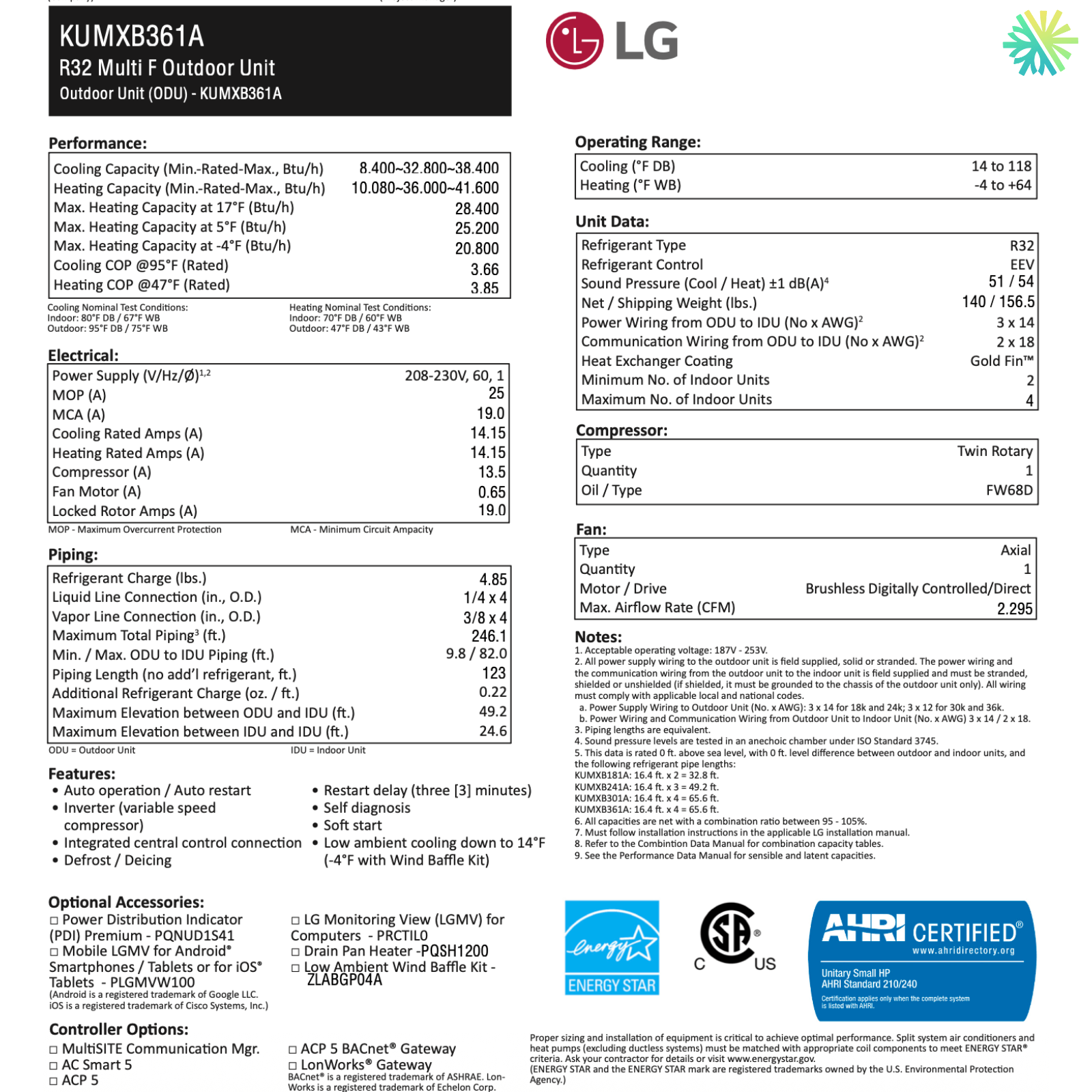 KUMX361A R32 LG Multi F Outdoor Unit specifications sheet