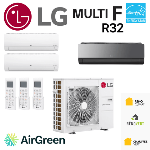 Thermopompe TripleZone LG MULTI F R32 | Compresseur 30000 BTU avec unités intérieures et télécommandes, système écoénergétique.