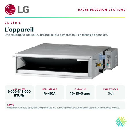 Unité intérieure de la série et ses caractéristiques principales — capacités offertes, réfrigérant, alimentation et garantie · Ventilateur de gaine à basse pression statique LG 12 000 BTU · AirGreen, Montréal, Laval, Longueuil, Rive-Sud et Rive-Nord