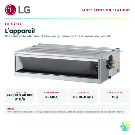 Unité intérieure de la série et ses caractéristiques principales — capacités offertes, réfrigérant, alimentation et garantie · Ventilateur de gaine à haute pression statique LG 24 000 BTU · AirGreen, Montréal, Laval, Longueuil, Rive-Sud et Rive-Nord