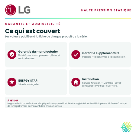 Garantie du manufacturier, garantie supplémentaire, homologation ENERGY STAR et admissibilité de la série · Ventilateur de gaine à haute pression statique LG 24 000 BTU · AirGreen, Montréal, Laval, Longueuil, Rive-Sud et Rive-Nord