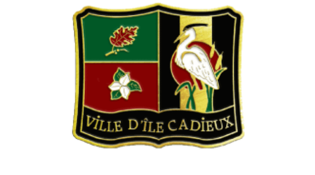 Ville D'Ile Cadieux emblem featuring symbols of nature, including a heron, leaf, and flower in a shield design.