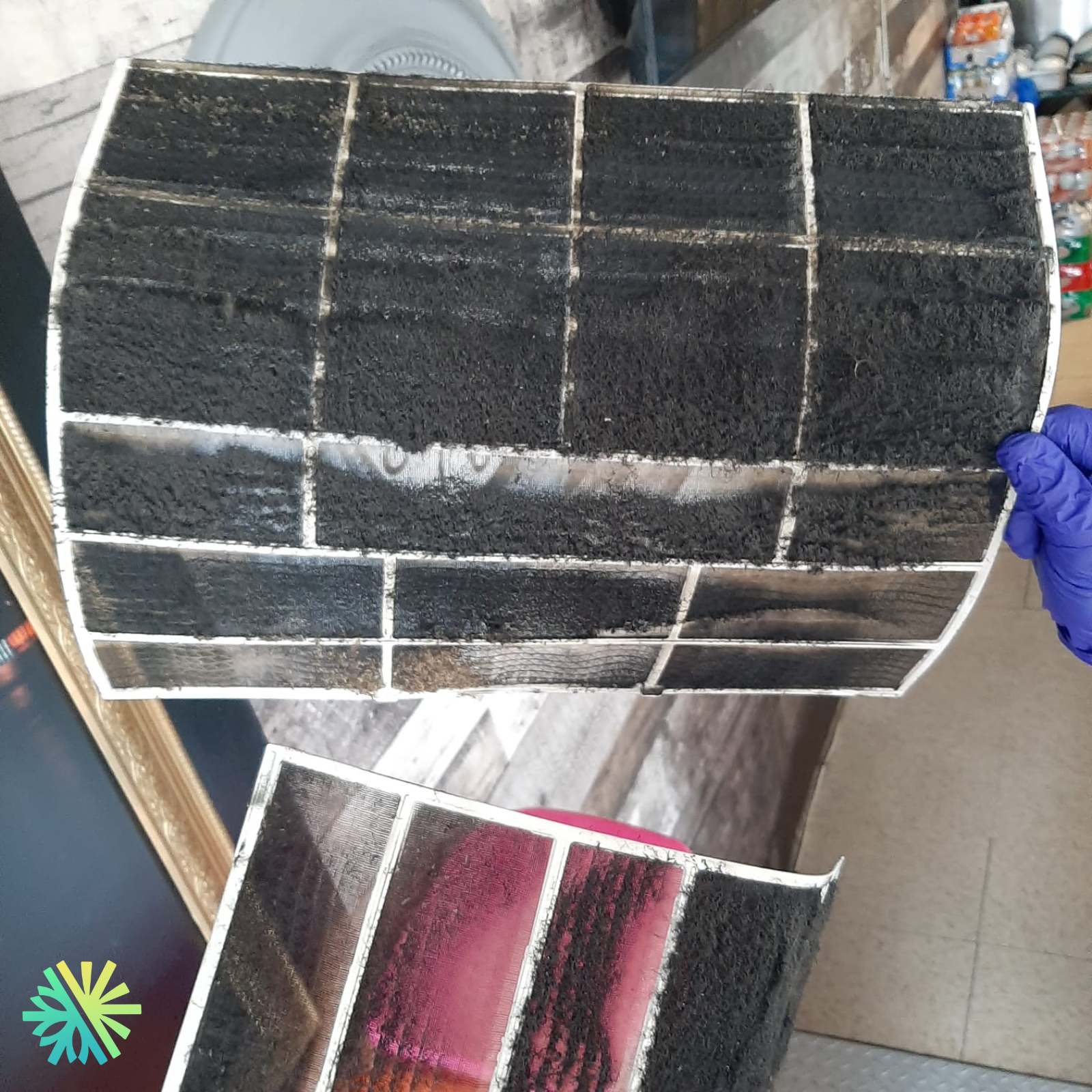 Dirty HVAC air filter showing significant dust and debris accumulation, highlighting the importance of regular maintenance and cleaning.