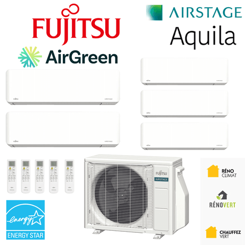 Thermopompe 5-Zones FUJITSU Aquila R32 | 45 000 BTU | Montréal, Laval, Rive Sud, Rive Nord - Multizone heat pump system