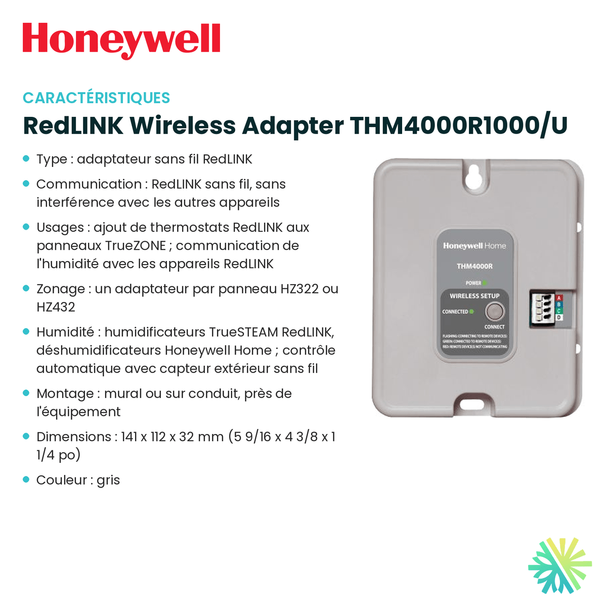 Fiche technique : Module d'interface HONEYWELL RedLINK Wireless Adapter THM4000R1000/U — AirGreen, Montréal, Laval, Longueuil, Rive-Sud et Rive-Nord