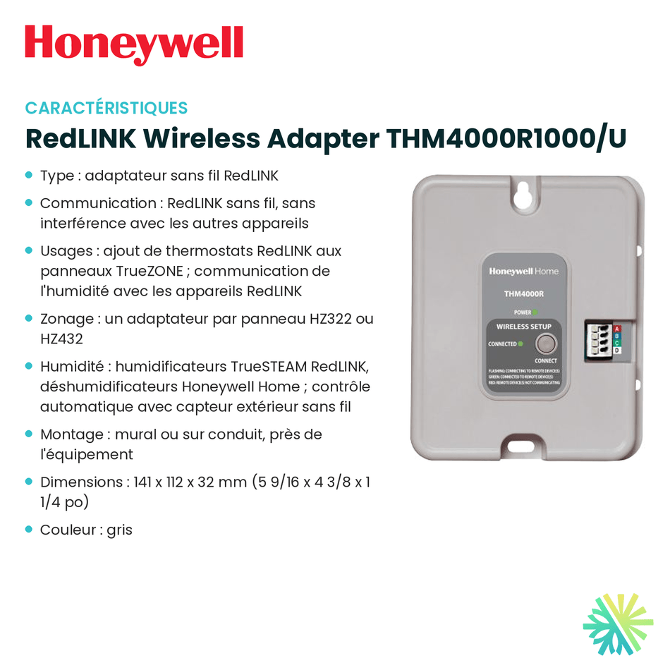 Fiche technique : Module d'interface HONEYWELL RedLINK Wireless Adapter THM4000R1000/U — AirGreen, Montréal, Laval, Longueuil, Rive-Sud et Rive-Nord