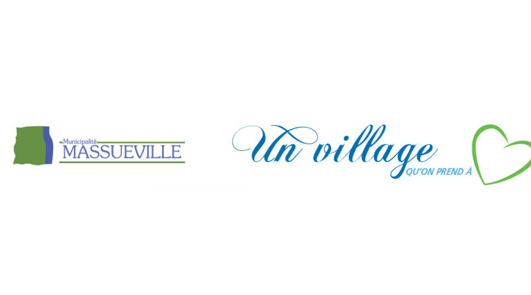 Logo of Massueville Municipality with the slogan 'Un village qu'on prend à cœur' on a white background.