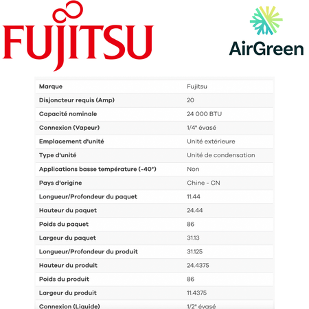 Mini Split Fujitsu RLB de 24 000 BTU spec sheet with relevant information