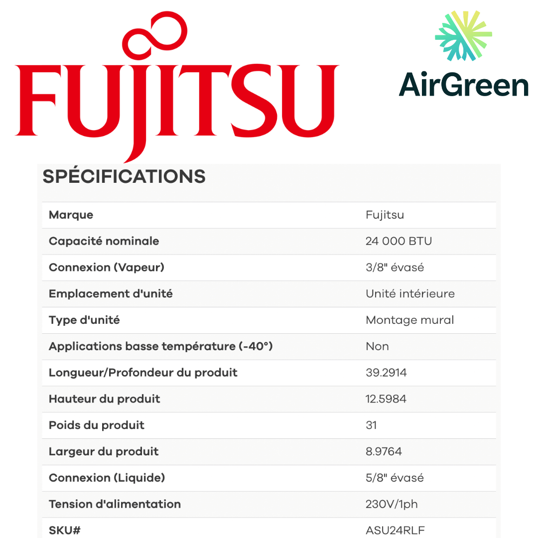 Mini Split Fujitsu RLXFWH de 24 000 BTU spec sheet with relevant information