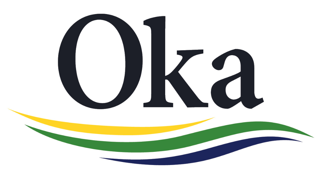 Oka logo with stylized text and colorful wave design in yellow, green, and blue.