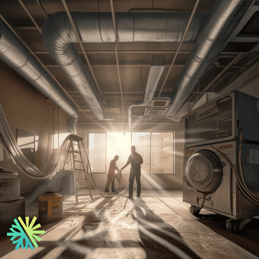 Technicians in a commercial space with large air ducts
