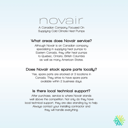 novair Canadian company information on service areas, spare parts, and technical support for heat pumps