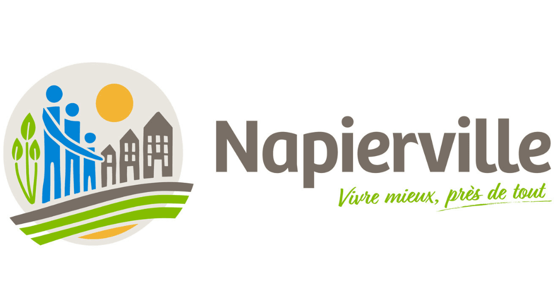 Napierville logo featuring a family, houses, trees, and the sun with the tagline 'Vivre mieux, près de tout.'
