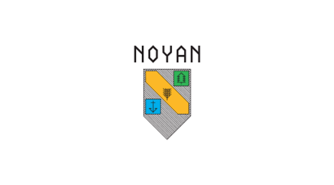 Noyan logo featuring a shield with symbols of an anchor, a wheat sheaf, and a tree.