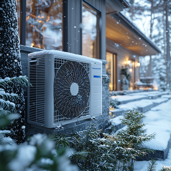 Outdoor air conditioning unit in snowy winter setting outside a modern home, highlighting energy efficiency in cold climates.