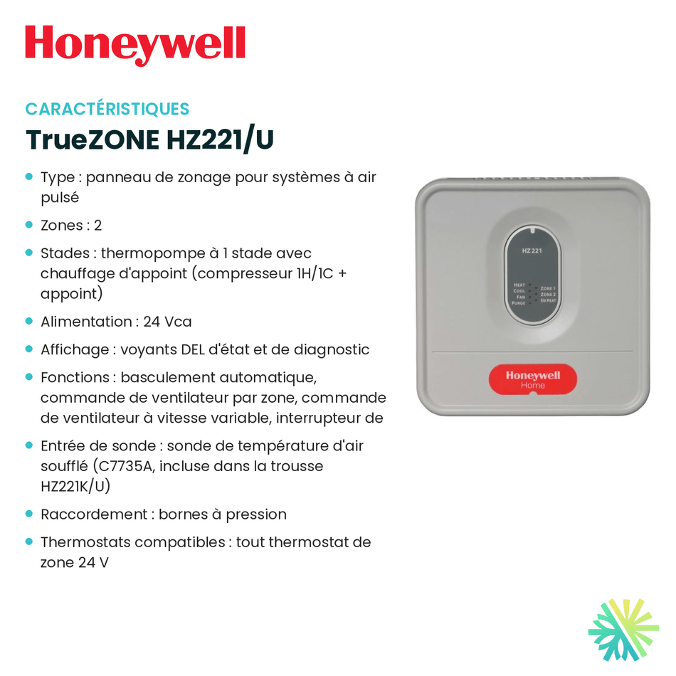 Fiche technique : Panneau de zonage HONEYWELL TrueZONE HZ221/U — AirGreen, Montréal, Laval, Longueuil, Rive-Sud et Rive-Nord