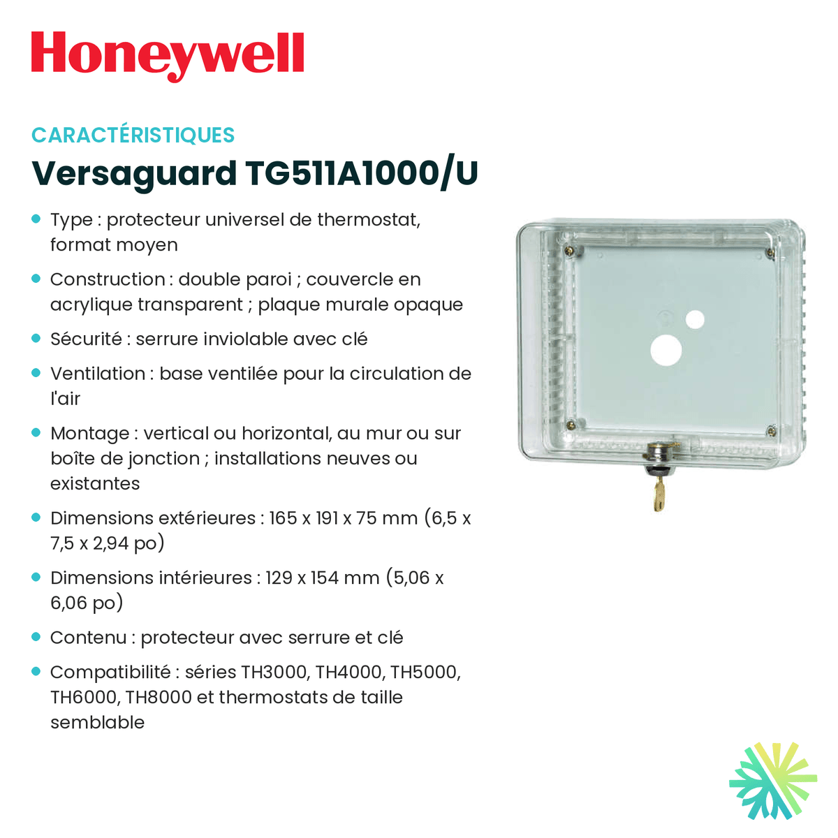 Fiche technique : Protecteur de thermostat HONEYWELL Versaguard TG511A1000/U — AirGreen, Montréal, Laval, Longueuil, Rive-Sud et Rive-Nord