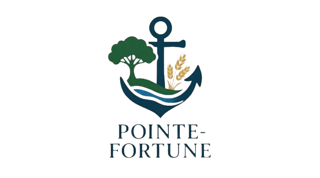 Pointe-Fortune logo with anchor, tree, and wheat graphic on a white background