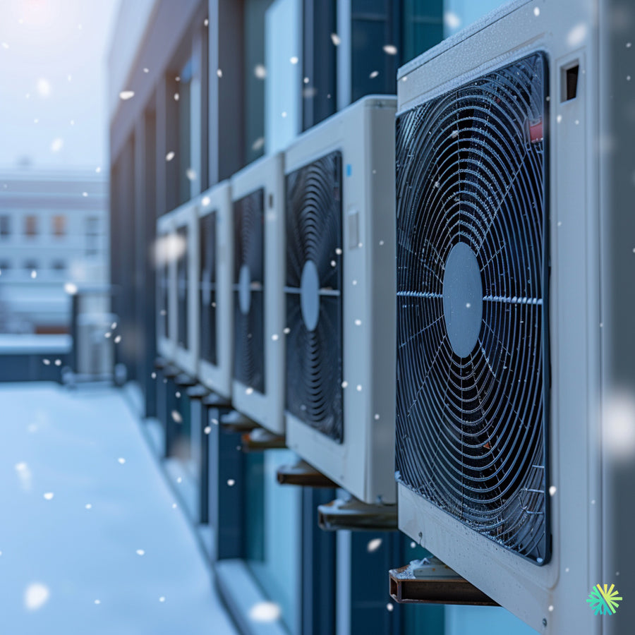 Unités de thermopompe extérieures sur un mur de bâtiment enneigé en hiver