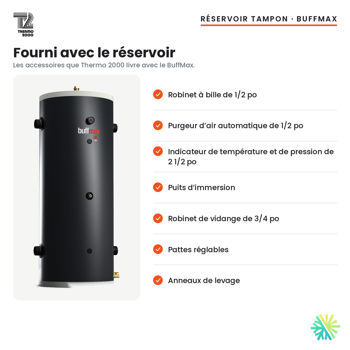 Accessoires fournis avec le réservoir tampon Thermo 2000 BuffMax ASME