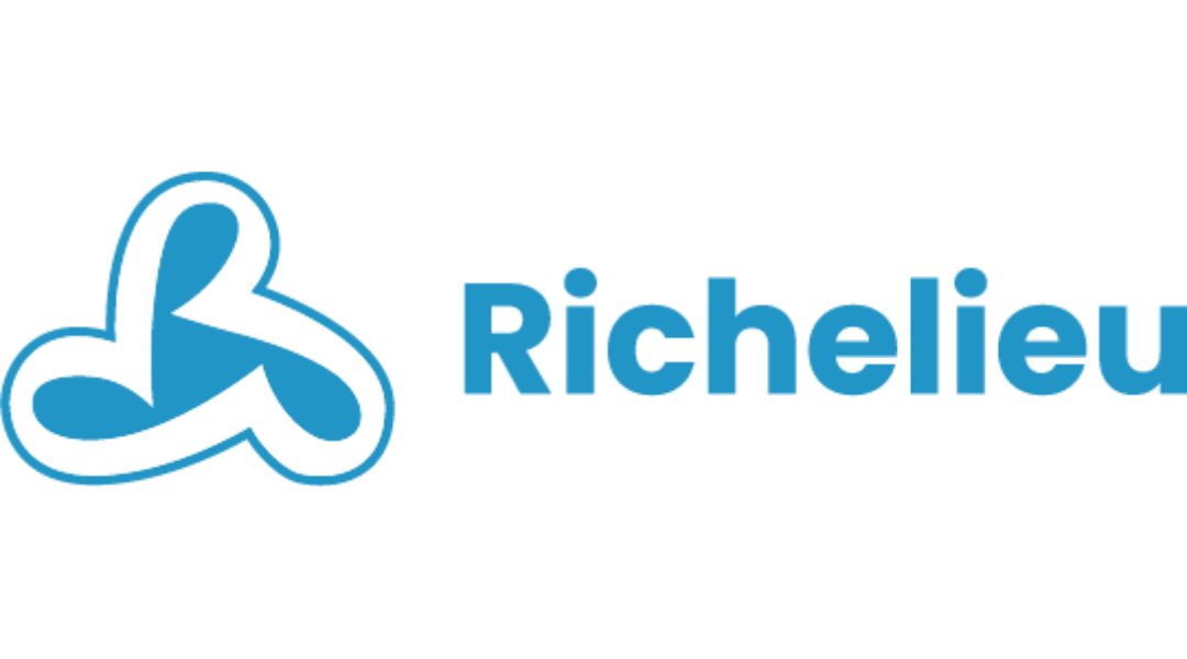 Richelieu logo in blue with abstract design on the left, representing a modern brand identity.