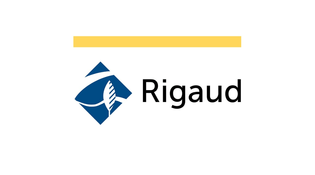 Rigaud logo with modern design featuring a blue geometric shape and yellow line