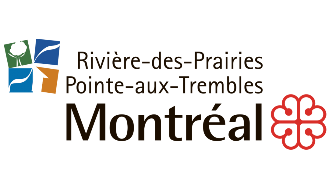 Logo of Rivière-des-Prairies—Pointe-aux-Trembles borough in Montreal, featuring a red floral emblem and colorful abstract squares.