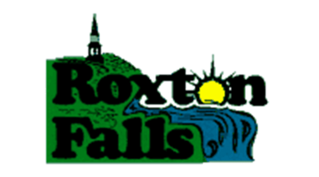 Roxton Falls logo featuring a church steeple, lush greenery, and a bright sun over a cascading waterfall.