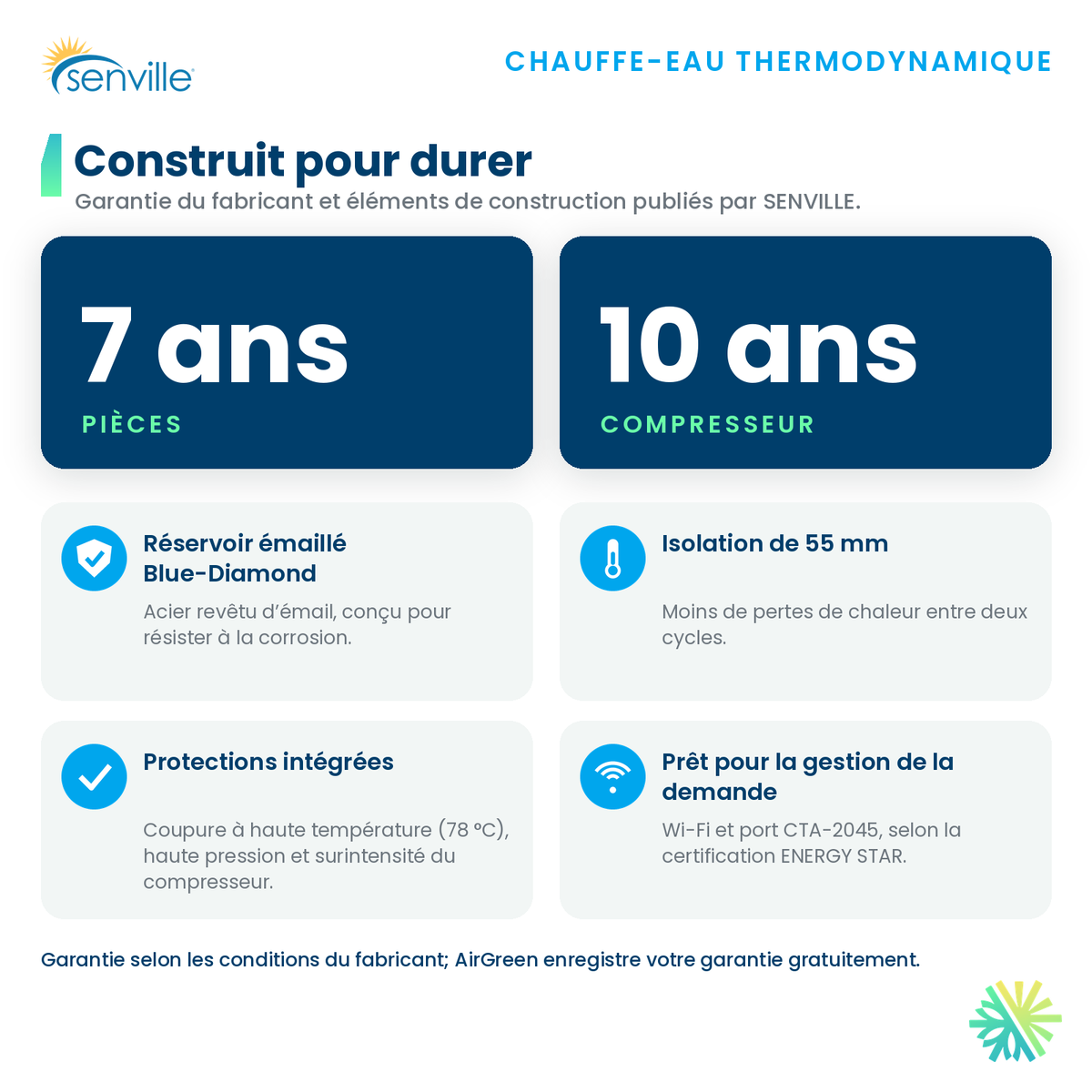 Garantie SENVILLE de 7 ans sur les pièces et 10 ans sur le compresseur