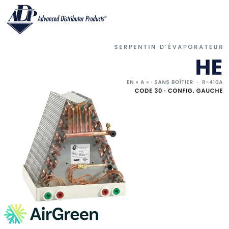 Serpentin d’évaporateur ADP HE HE31930A140A0004AP, Code 30 · config. gauche — installation par AirGreen à Montréal, Laval, Longueuil, Rive-Sud et Rive-Nord