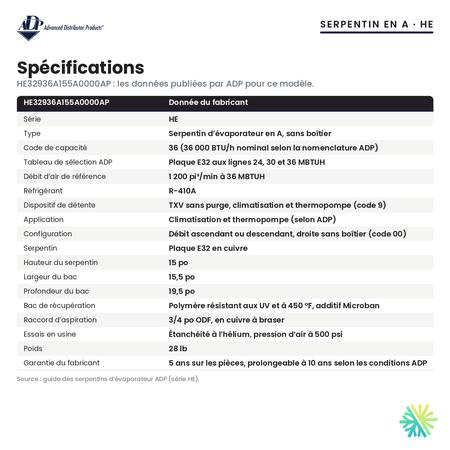 Spécifications du serpentin d’évaporateur ADP HE32936A155A0000AP