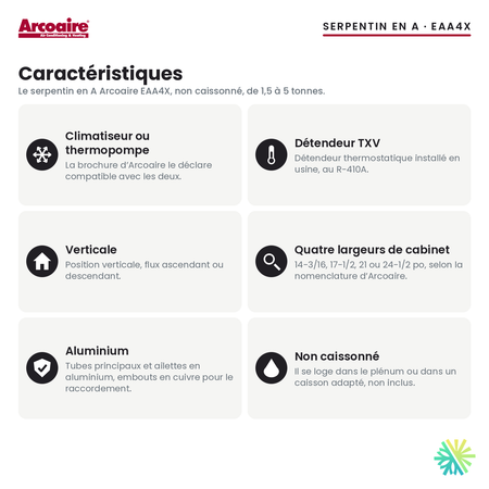 Serpentin d’évaporateur Arcoaire EAA4X — caractéristiques de la série