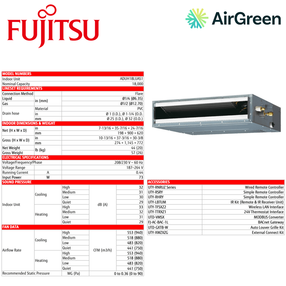 Fujitsu LUAS1 Slim Duct Air Conditioning | 18 000 BTU | Installation in Montreal, Laval, Longueuil, South Shore and North Shore