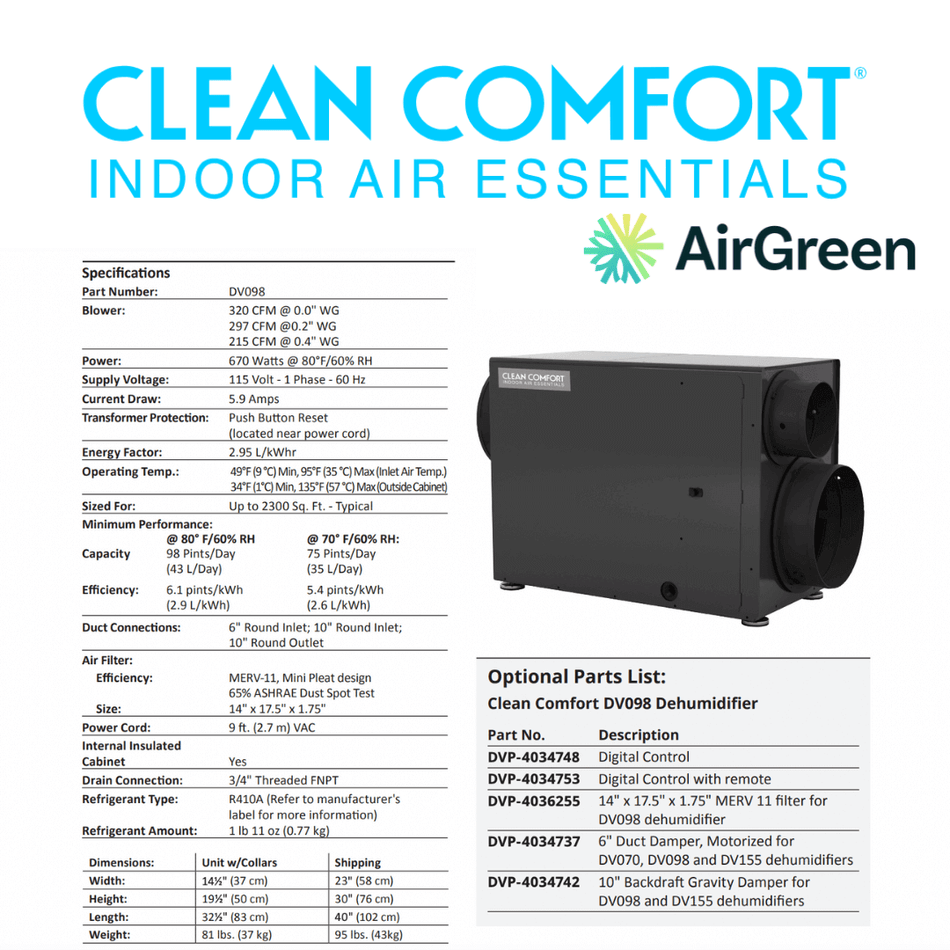 Clean Comfort DV098 Dehumidifier | Installation in Montreal, Laval, Longueuil, South Shore and North Shore