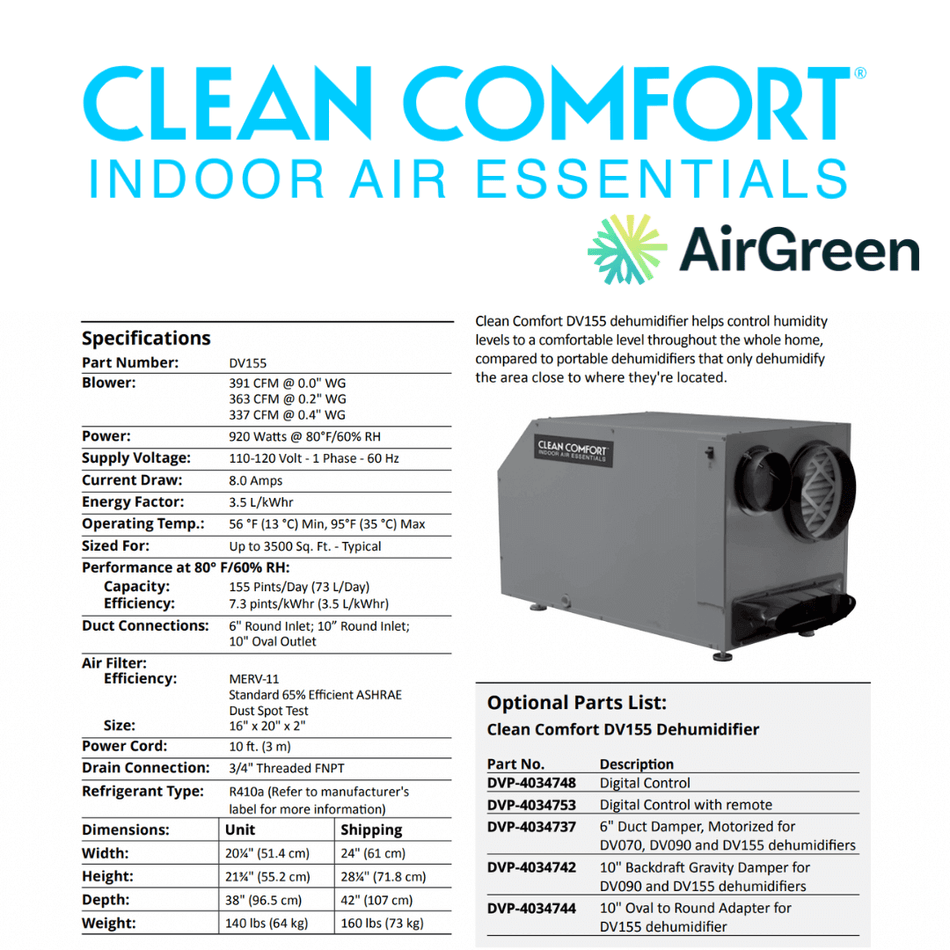 Clean Comfort DV155 Dehumidifier | Installation in Montreal, Laval, Longueuil, South Shore and North Shore