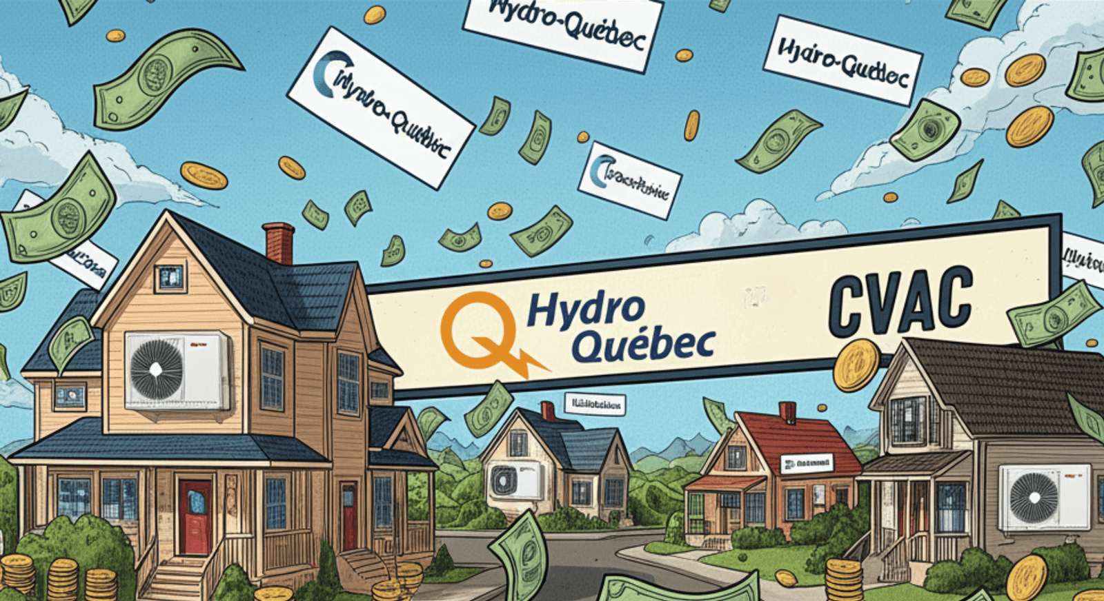 Illustration : drapeaux du Canada et du Québec au-dessus de maisons équipées