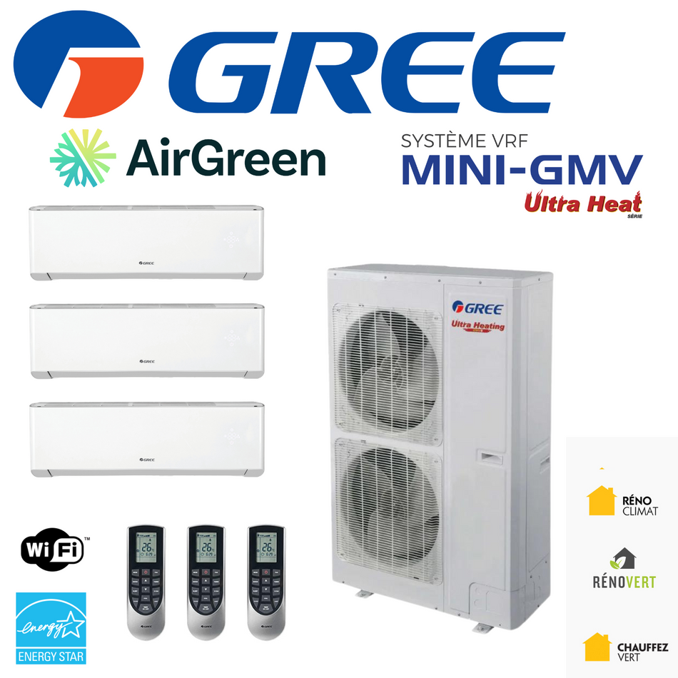 VRF system | GREE Mini-GMV | 3-Heads | 36,000 BTU Compressor | Montreal, Laval, Longueuil, South Shore and North Shore