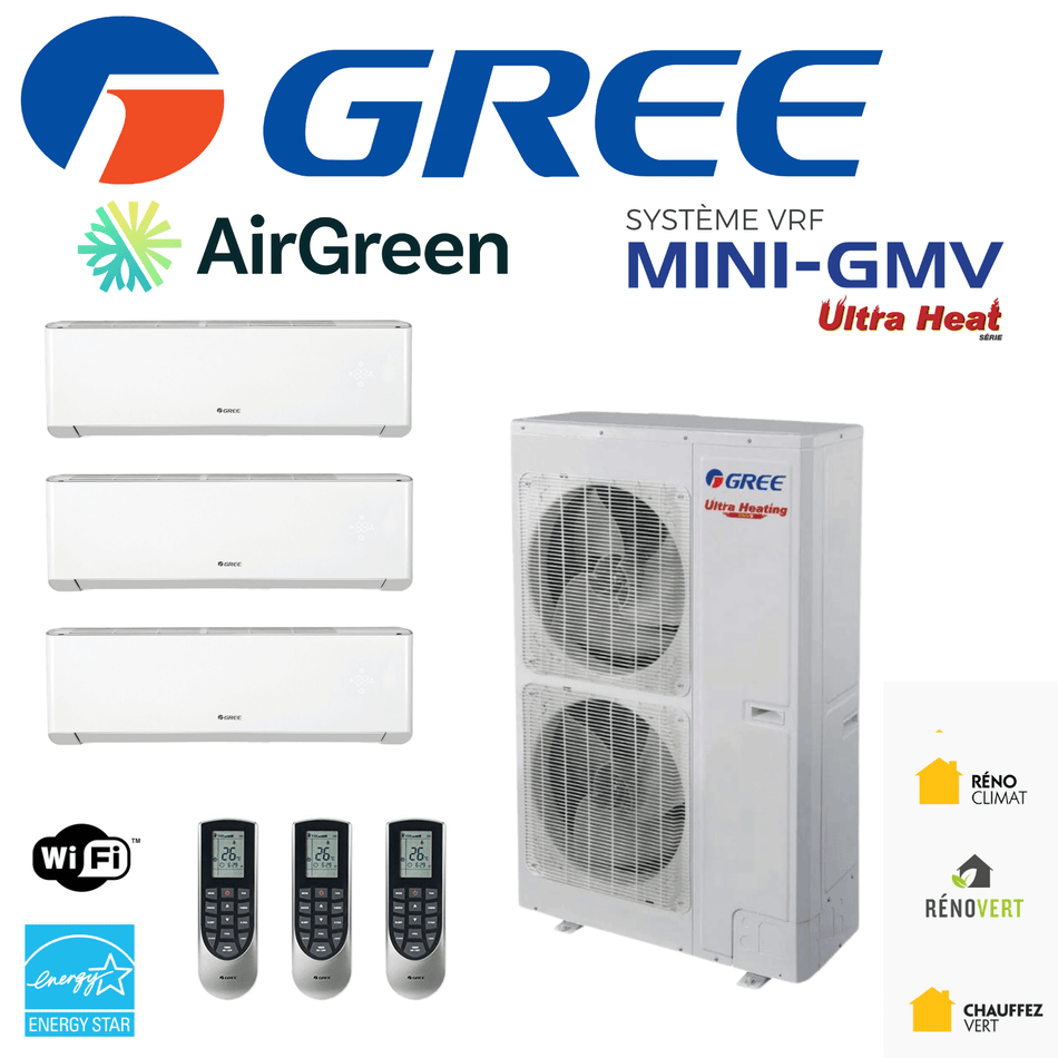 Système VRF | GREE Mini-GMV | 3-Zones | Compresseur 48 000 BTU | Montréal, Laval, Longueuil, Rive Sud et Rive Nord