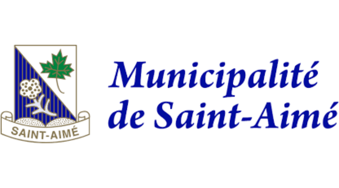 Logo of the Municipalité de Saint-Aimé featuring a green leaf and the name in blue text.