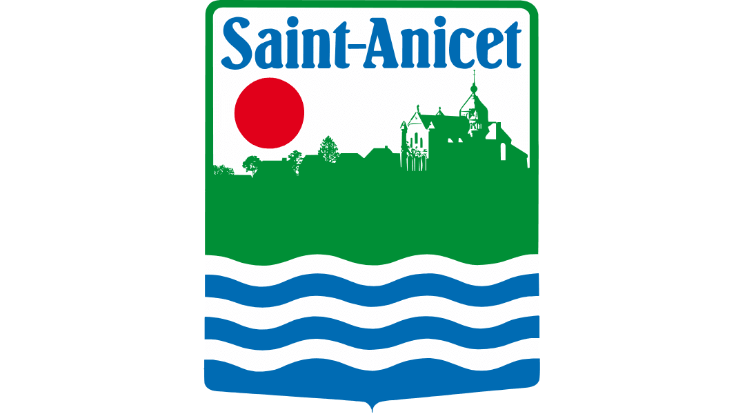 Saint-Anicet emblem with green landscape, waving blue lines symbolizing water, and a red circle sun.