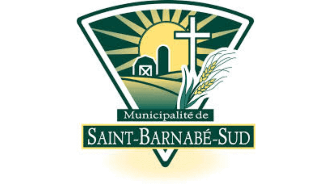 Logo of Municipalité de Saint-Barnabé-Sud with sun rays, barn, cross, and wheat.