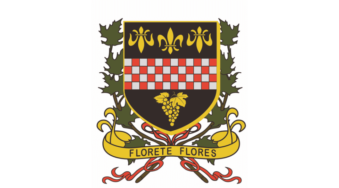 Heraldic coat of arms with fleur-de-lis, checkered pattern, grapevine symbol, and "Florete Flores" motto on ribbon.