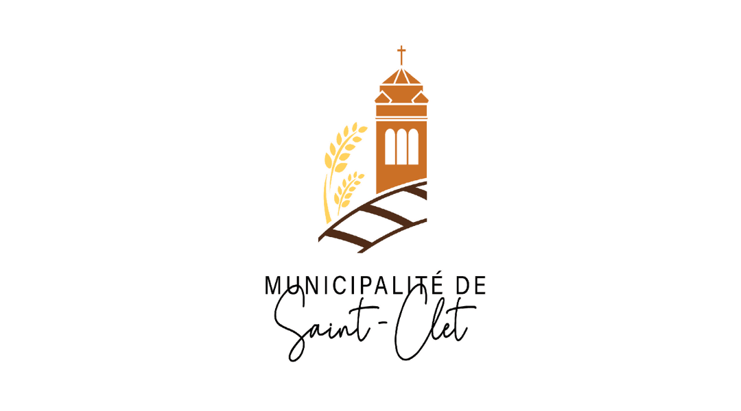 Logo of Municipalité de Saint-Clet featuring a church tower with a golden wheat stalk and train track design.