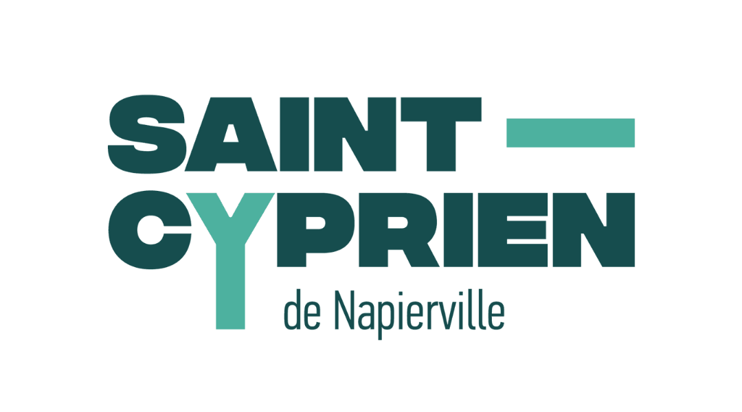 Logo of Saint-Cyprien de Napierville in bold teal and white font design.