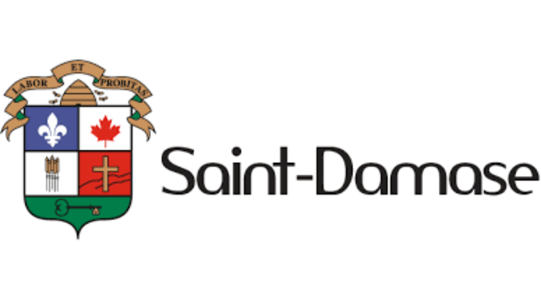 Saint-Damase crest and logo featuring symbols and coat of arms